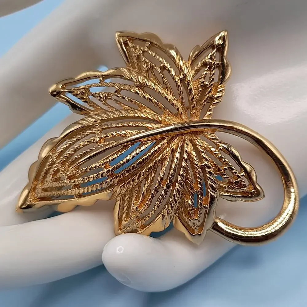 Vintage Monet Gold Plated Maple Leaf Brooch, 2 Inches, 1980s